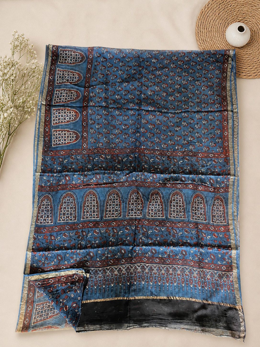 Blue Small Booti Motif Ajrakh Handblock Printed Kota Saree with Zari and Tassels
