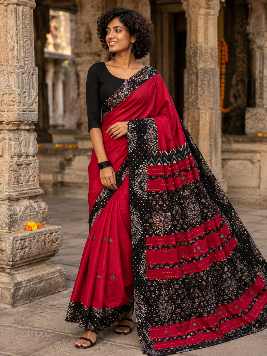 Red and Black Pure Cotton Saree with Ajrakh Patchwork Embroidery and Mirror Work