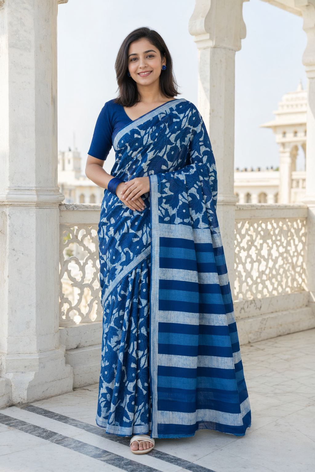Flora of the Wild Motif Indigo Akola Hand Block Mulmul Cotton Saree with Blouse