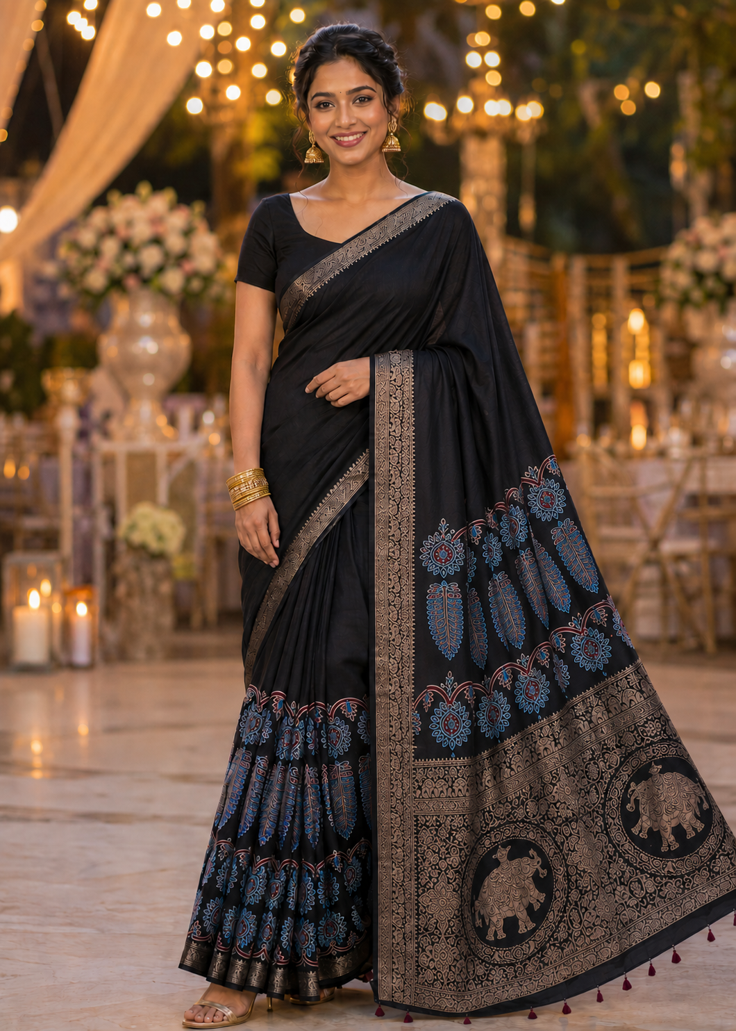 Black Asopallav Buta Motif Ajrakh Hand Block Dola Silk Saree with Zari Pallu (With Blouse)