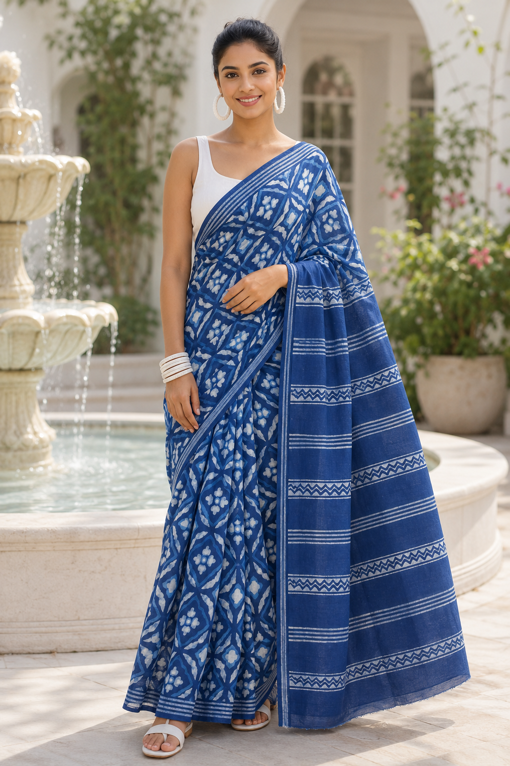 Summer Glow Indigo Akola Hand Block Mulmul Cotton Saree with Blouse