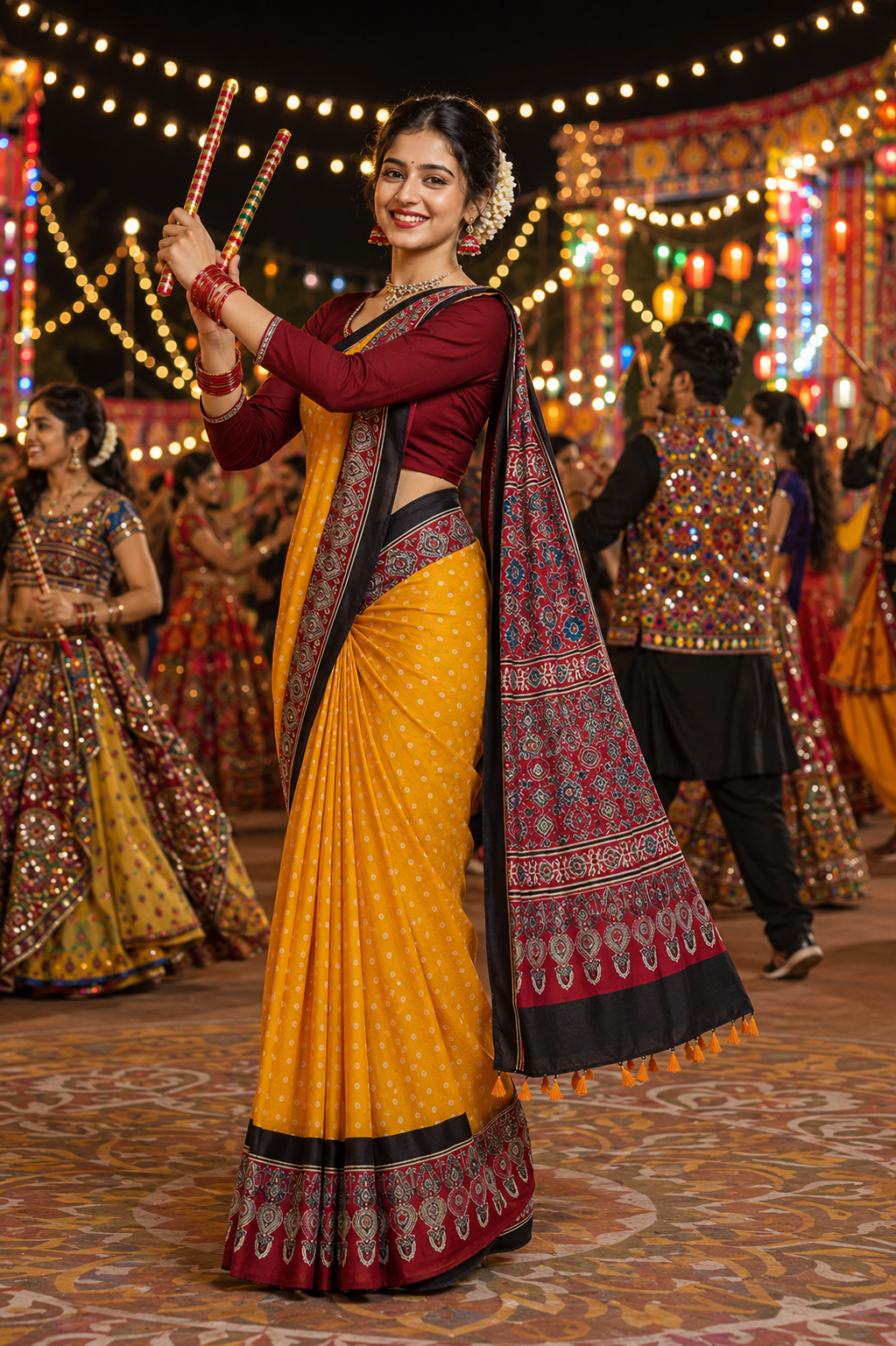 Mango Yellow Ajrakh Bandhej Hand Block Modal Silk Saree With Blouse and Tassels