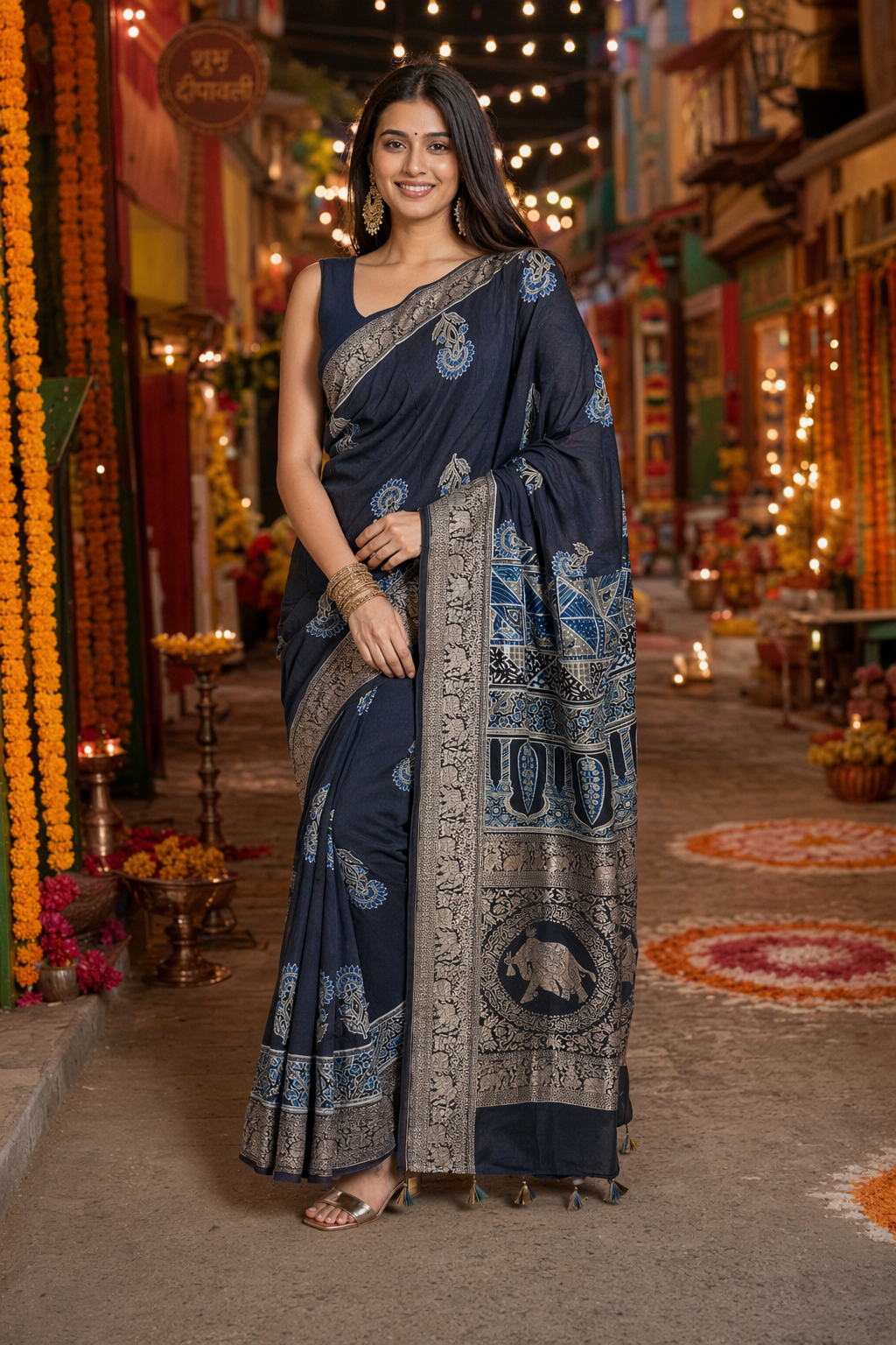 Black Mugal Buta Motif Ajrakh Hand Block Dola Silk Saree with Zari Pallu (With Blouse)