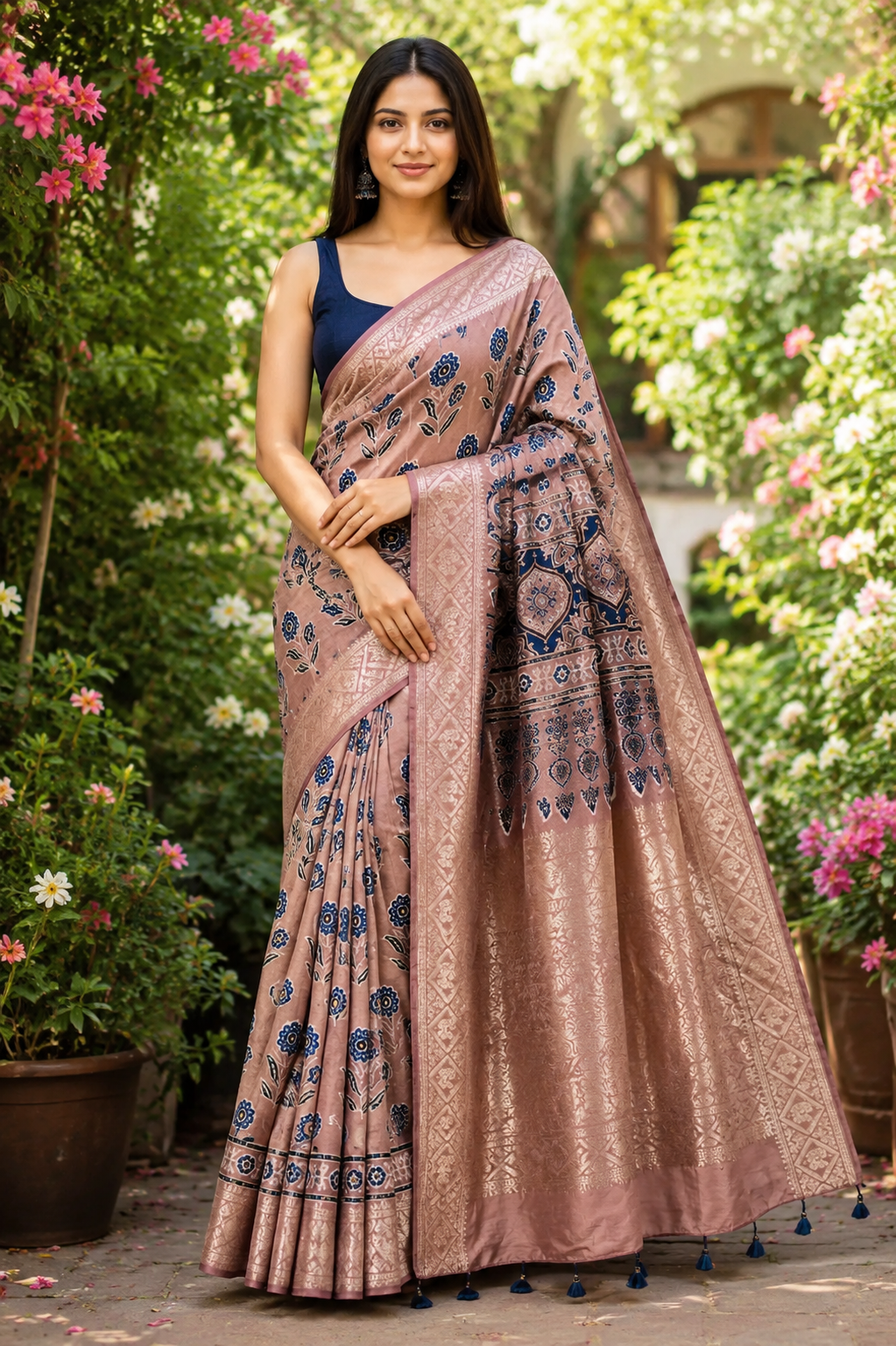 Earthen Shade Flower Buta Motif Ajrakh Hand Block Dola Silk Saree with Zari Pallu (With Blouse)