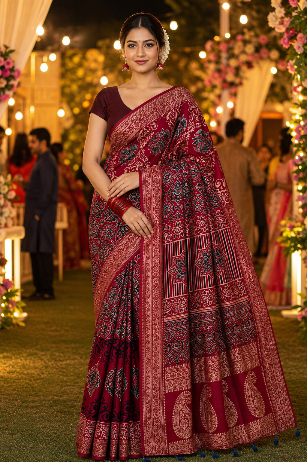 Maroon and Red Abstarct Buta Motif Ajrakh Hand Block Dola Silk Saree with Zari Pallu (With Blouse)