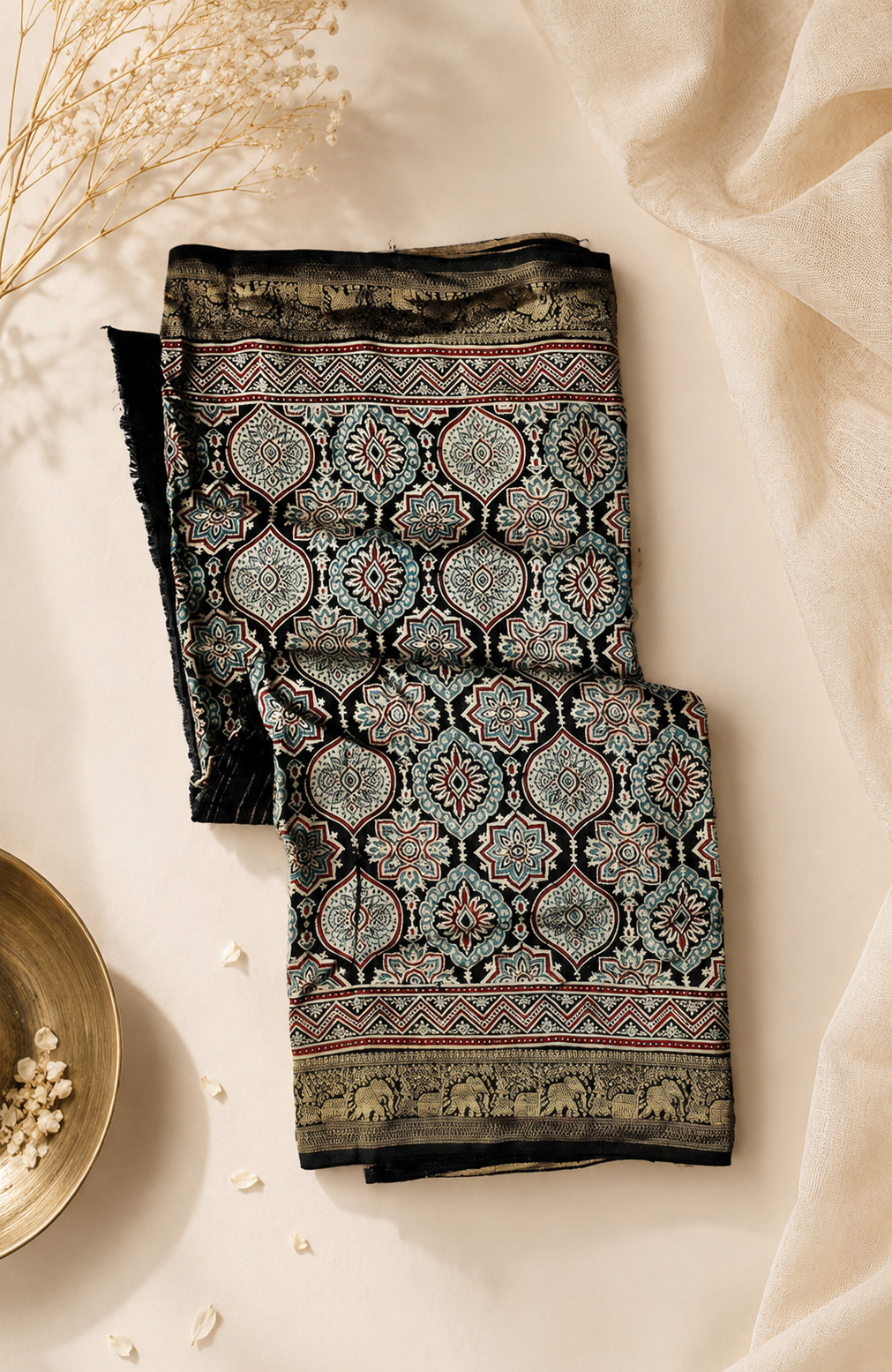 Ridhima Ajrakh Hand Block Dola Silk Zari Pallu Saree With Blouse