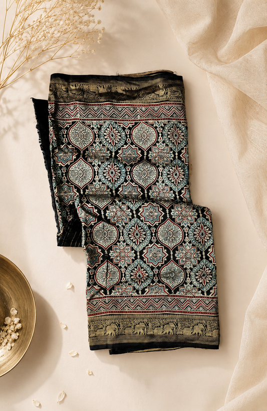Ridhima Ajrakh Hand Block Dola Silk Zari Pallu Saree With Blouse