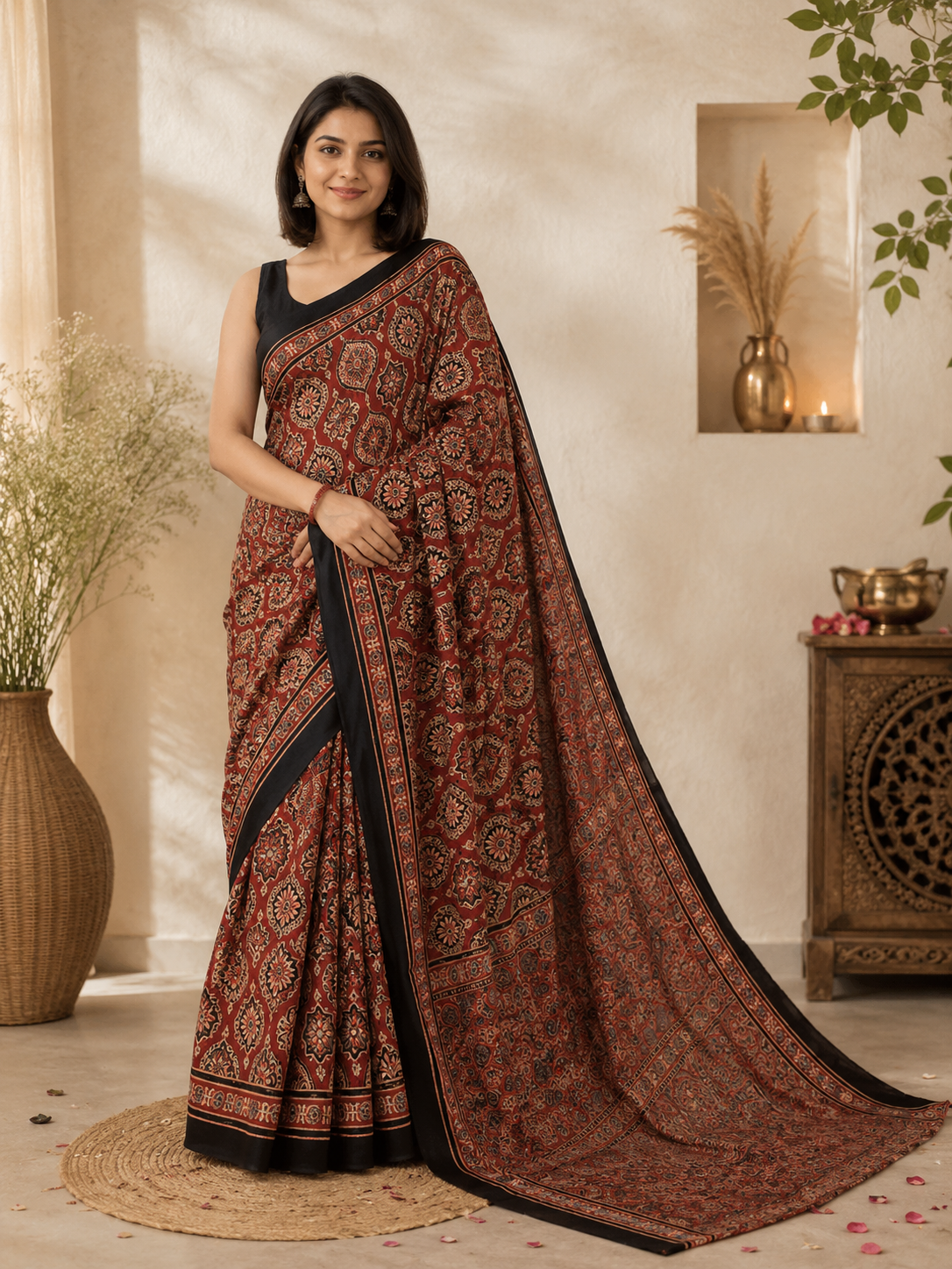 Red Badaam Buta Motif Ajrakh Hand Block Natural Dye Modal Silk Saree With Blouse