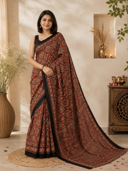 Red Badaam Buta Motif Ajrakh Hand Block Natural Dye Modal Silk Saree With Blouse