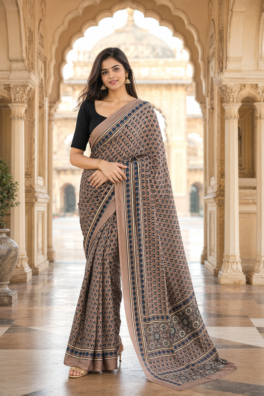 Raisin Shade Ajrakh Hand Block Natural Dye Modal Silk Saree With Blouse