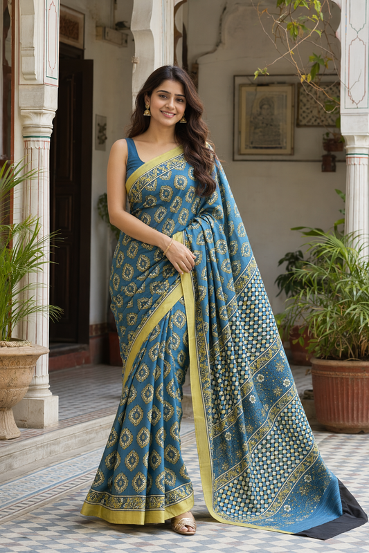 Cyan Green Shade Ajrakh Hand Block Natural Dye Modal Silk Saree With Blouse;