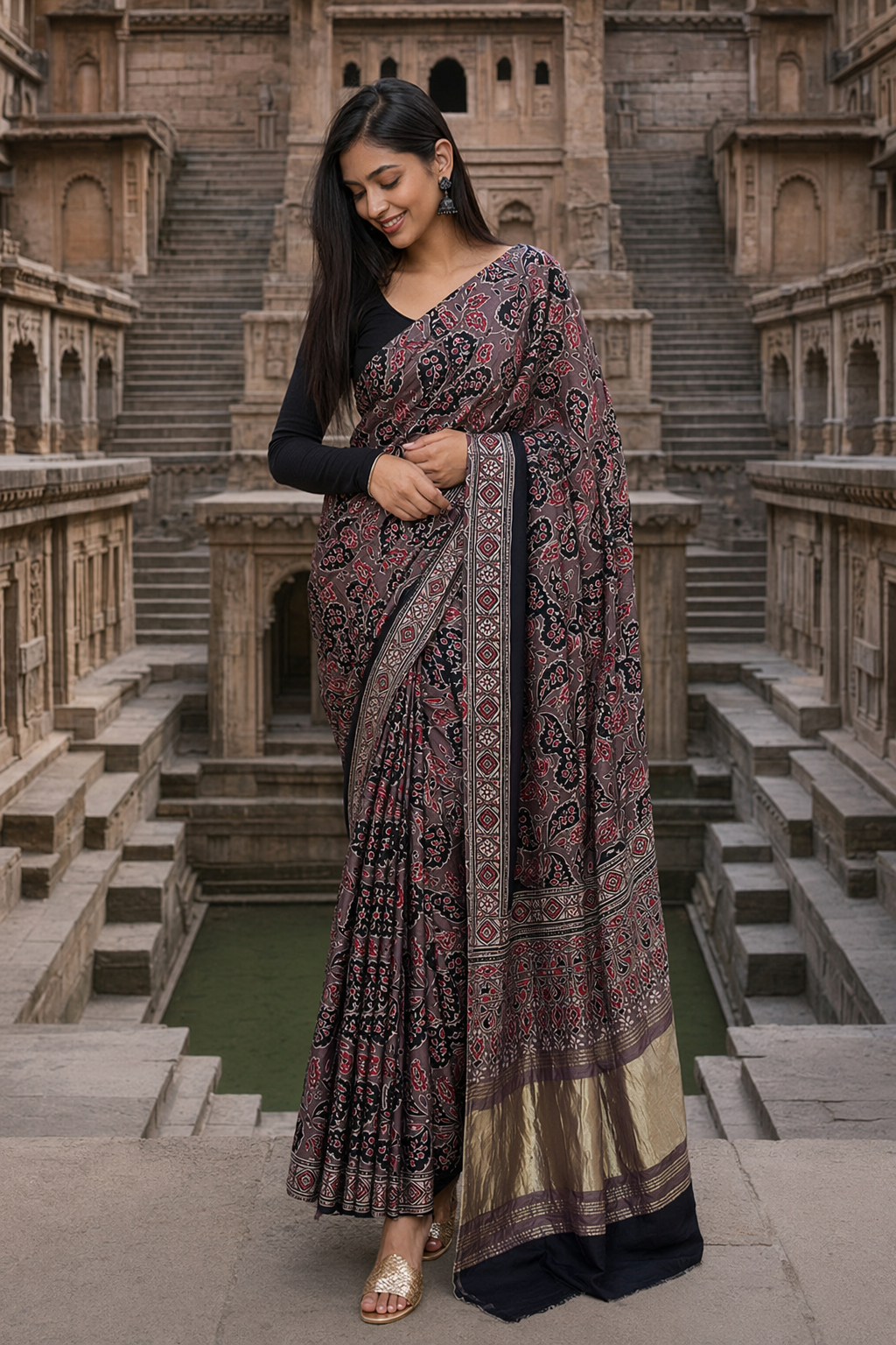 Rasin Shade Floral Booti Ajrakh Hand Block Natural Dye Modal Silk Lagdi Patti Saree With Blouse