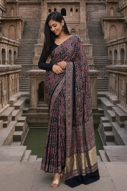 Rasin Shade Floral Booti Ajrakh Hand Block Natural Dye Modal Silk Lagdi Patti Saree With Blouse