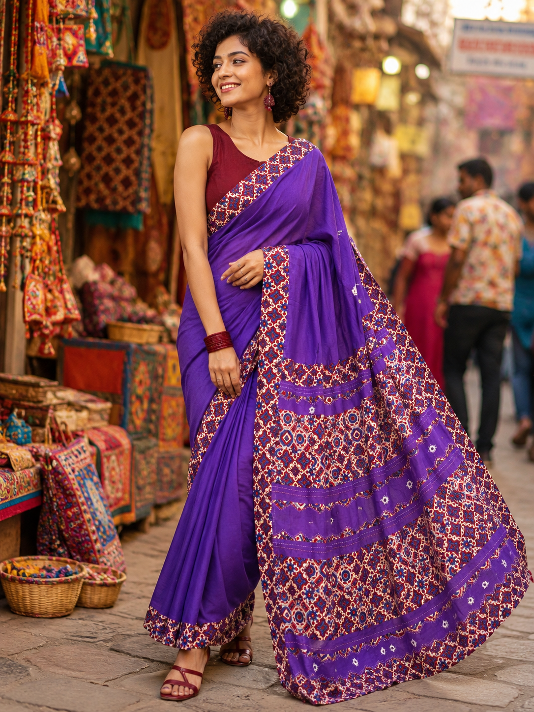 Purple Panache Pure Cotton Saree with Ajrakh Patchwork Embroidery and Mirror Work