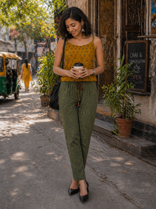 Mustard and Green Ajrakh Pure Cotton Spaghetti Top and Pant Set