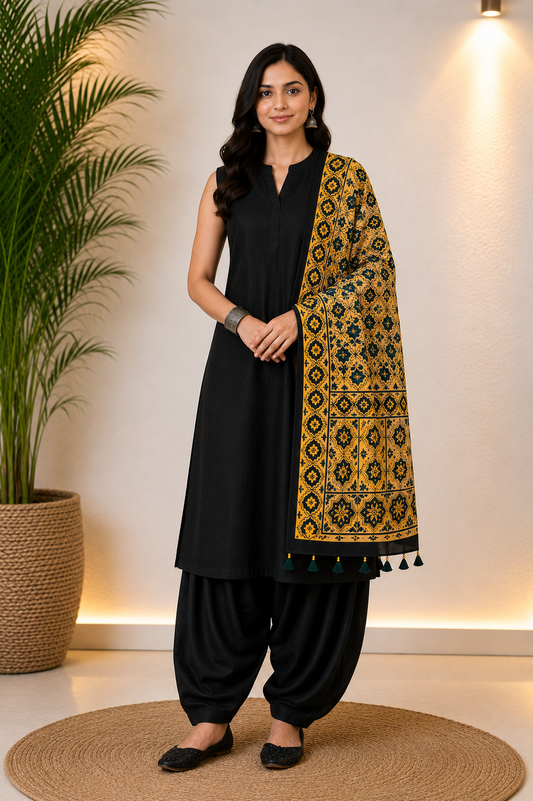 Yellow Shade Black Leaf Motif  Ajrakh Hand Block Print Mashru Silk Stole with Tassels