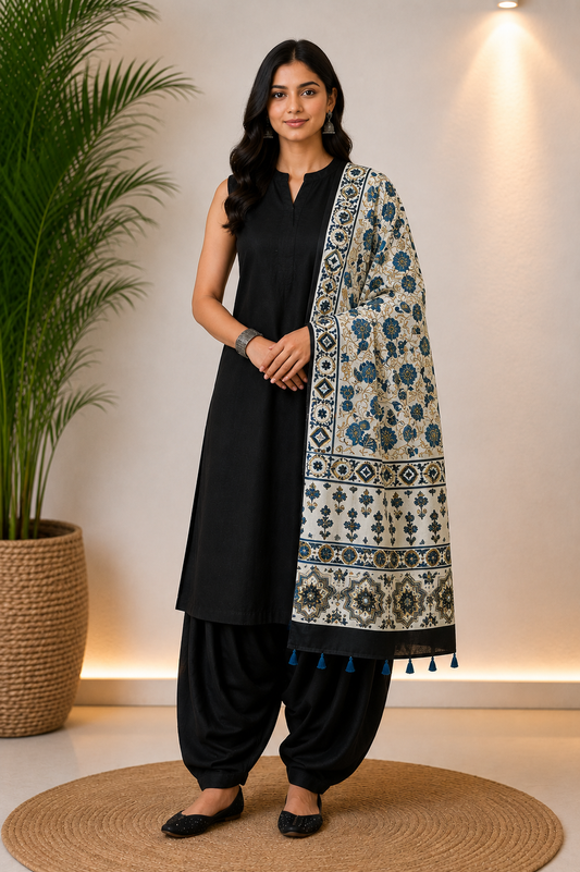 Offwhite Shade Blue Leaf Motif Ajrakh Hand Block Print Mashru Silk Stole with Tassels
