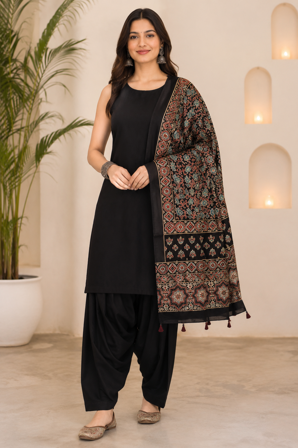 Black Shade Blue Leaf Motif Ajrakh Hand Block Print Mashru Silk Stole with Tassels