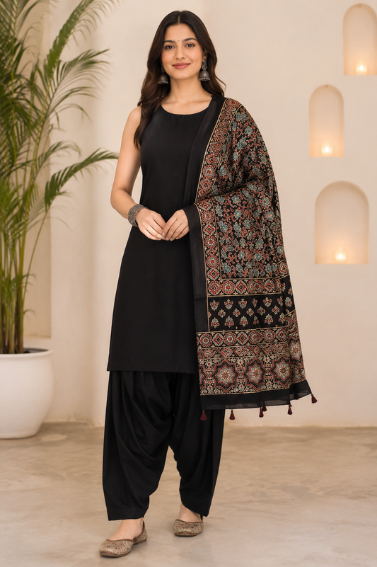 Black Shade Blue Leaf Motif Ajrakh Hand Block Print Mashru Silk Stole with Tassels
