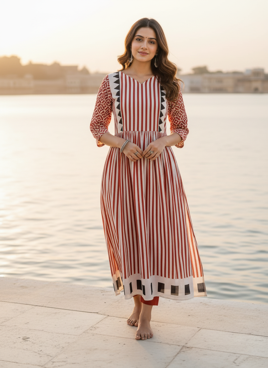 White and Red Stripes Motif Modal Silk Ajrakh Hand Block Print Designer Unstitched Fabric (Kurta Only)