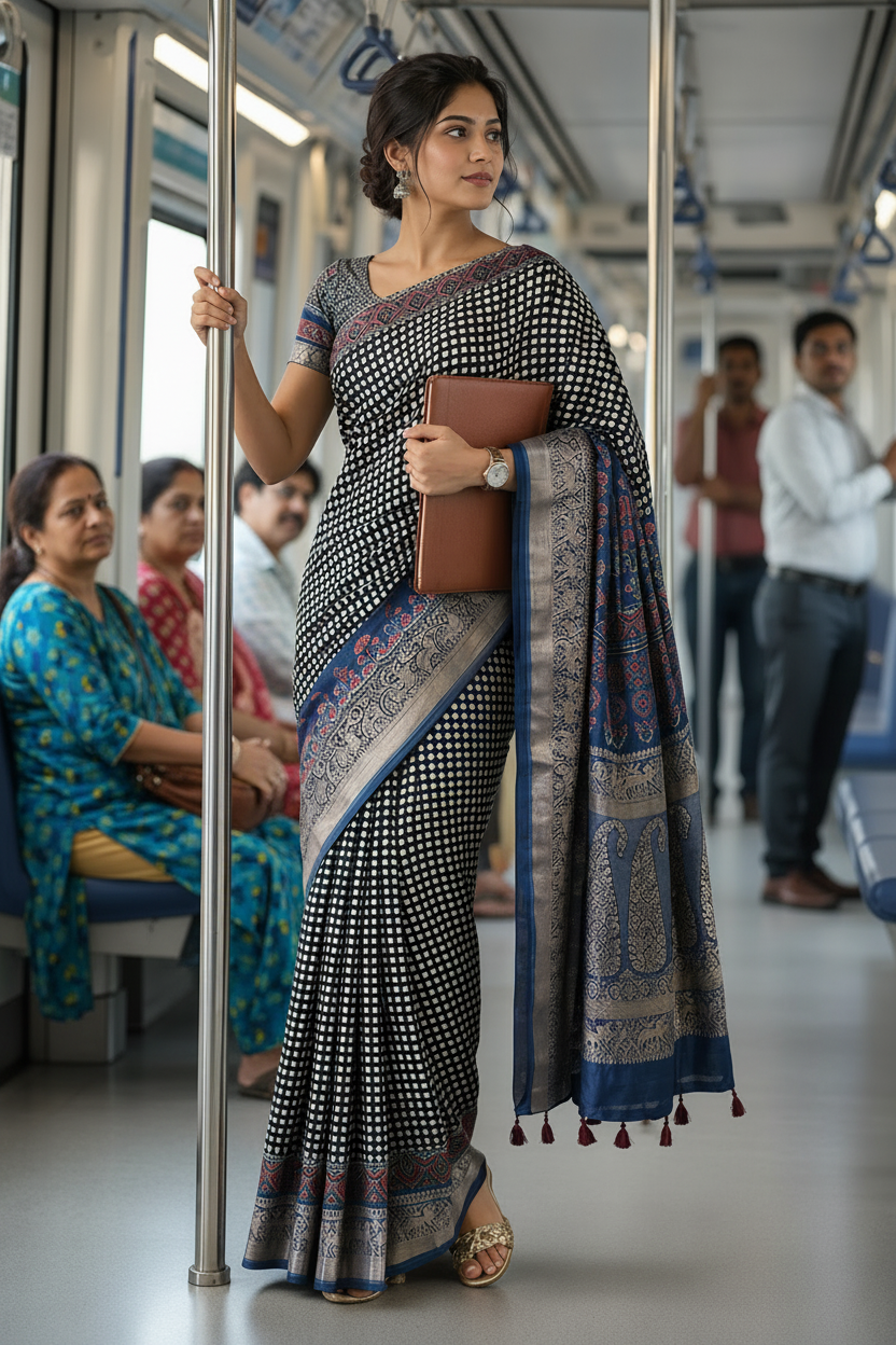 Black and Indigo Dotted Buta Motif Ajrakh Hand Block Dola Silk Saree with Zari Pallu (With Blouse)