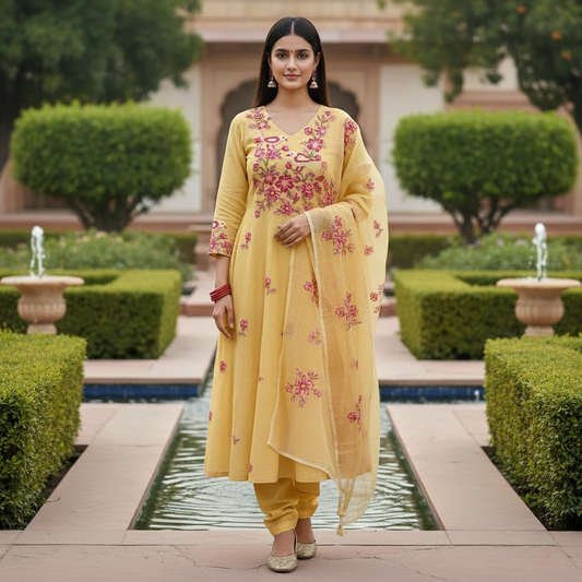 Hansa Yellow Kota Doria 3 Piece Suit Set with Cross Stitch Embroidery and Kota Doria Dupatta
