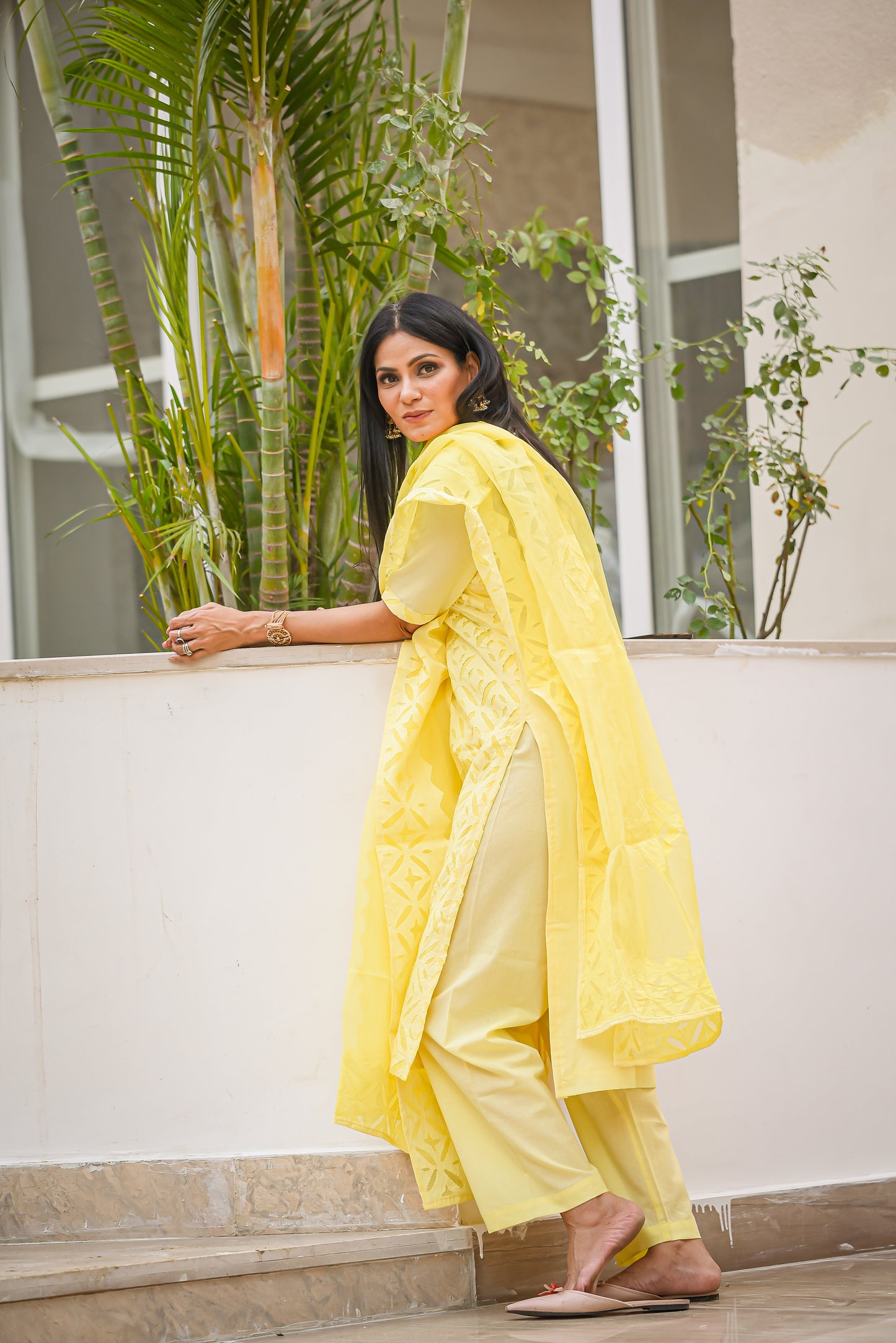 Sunshine Yellow Barmer Applique Cut Work Cotton 3pc Suit Material Set