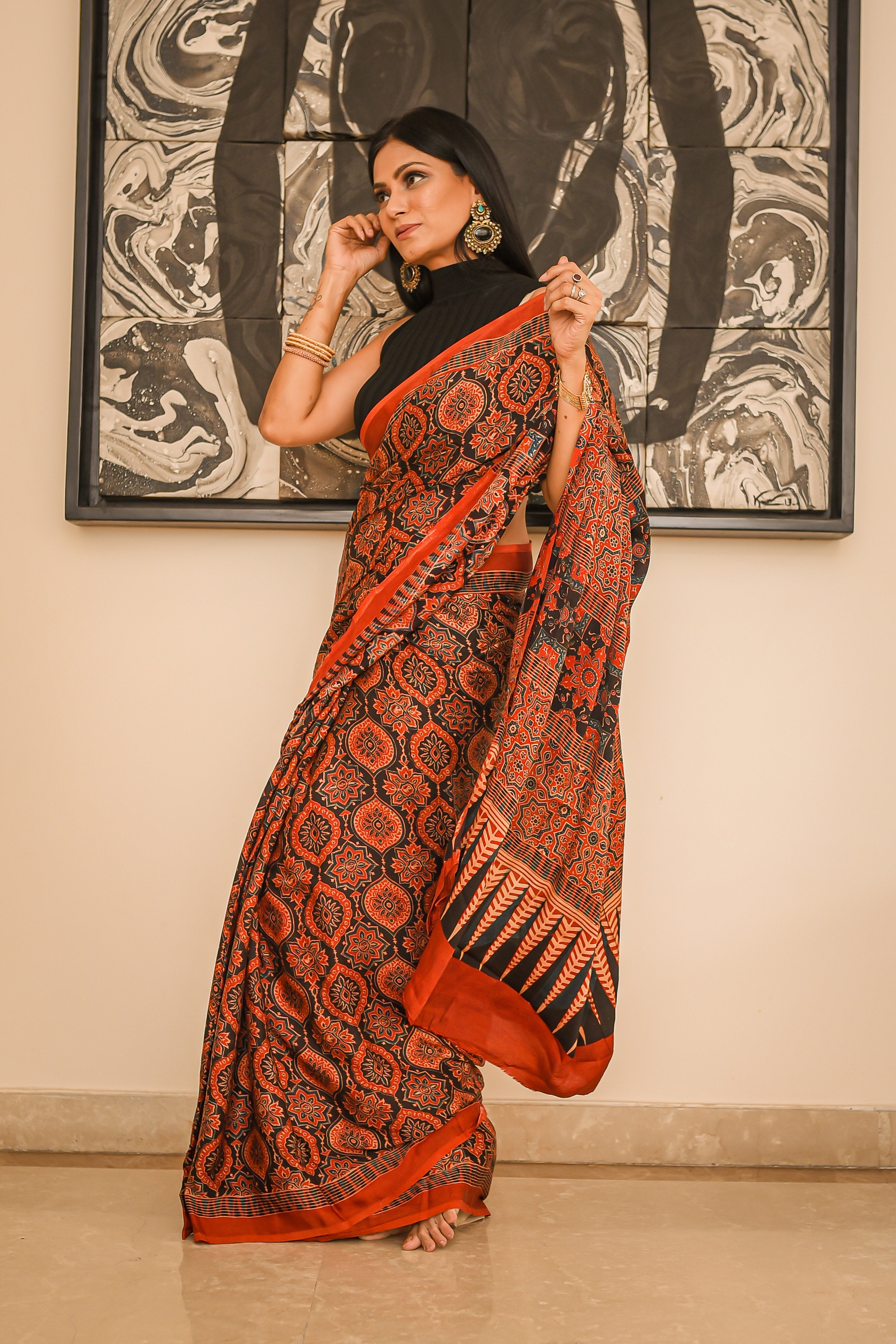 Modal Silk Ajrakh Saree - Brick Red – Phulari