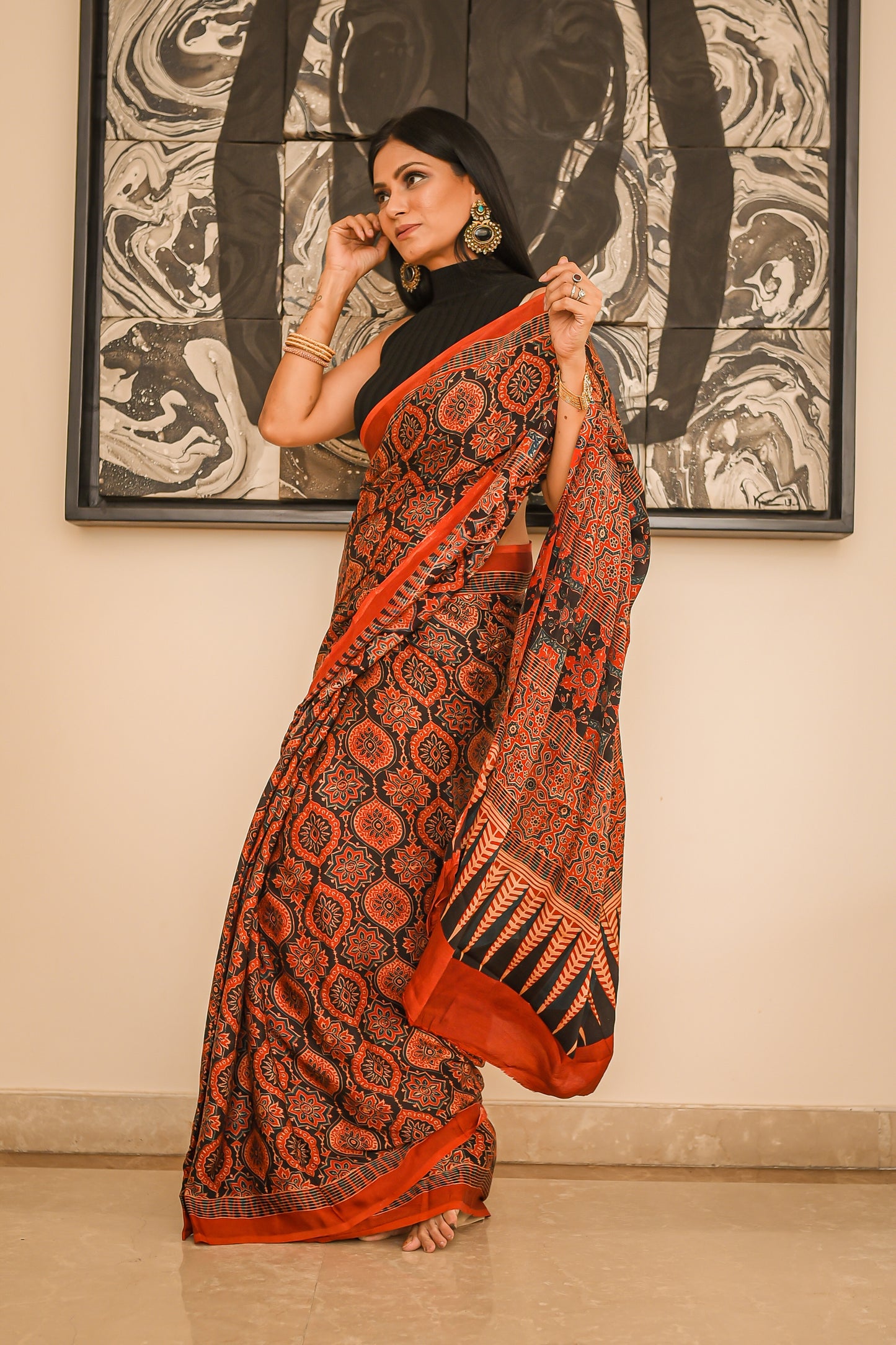 Love is Red Ajrakh Hand Block Natural Dye Modal Silk Saree With Blouse