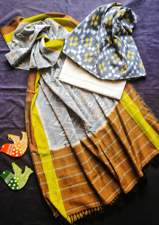 Grey and Yellow Pochampally Ikat Cotton 3pc Suit Material Set