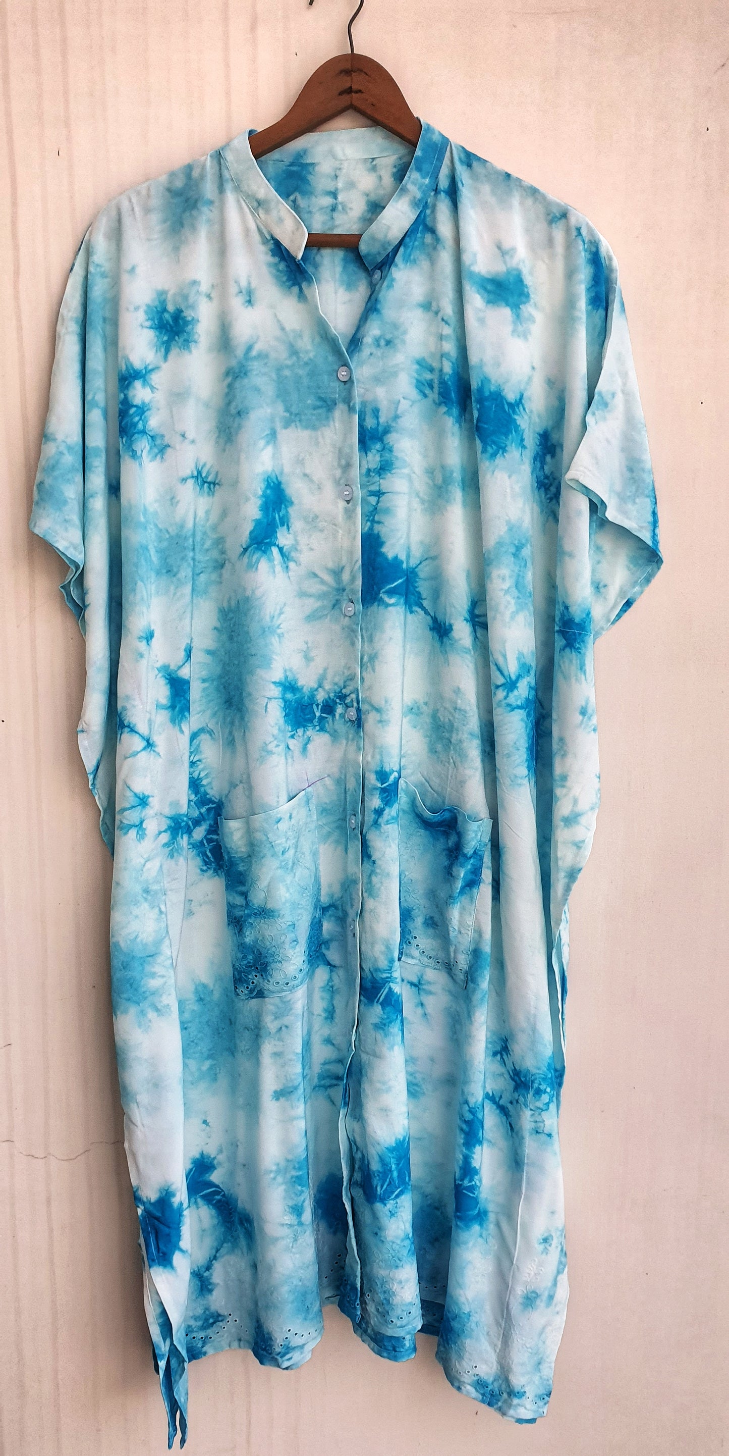 Blue Tie and Dye Knee Length Kaftan Shirt Dress