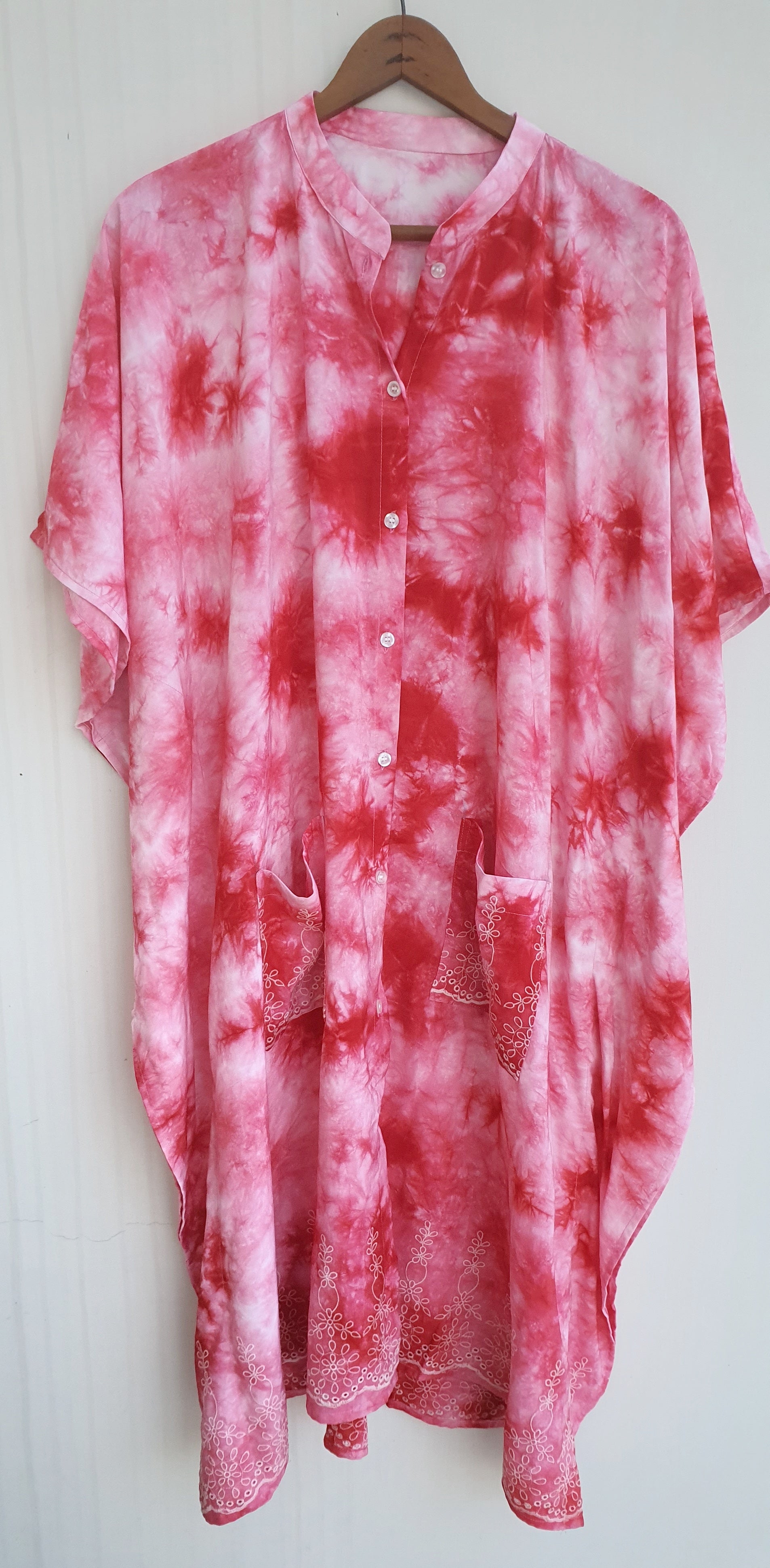 Red Tie and Dye Knee Length Kaftan Shirt Dress