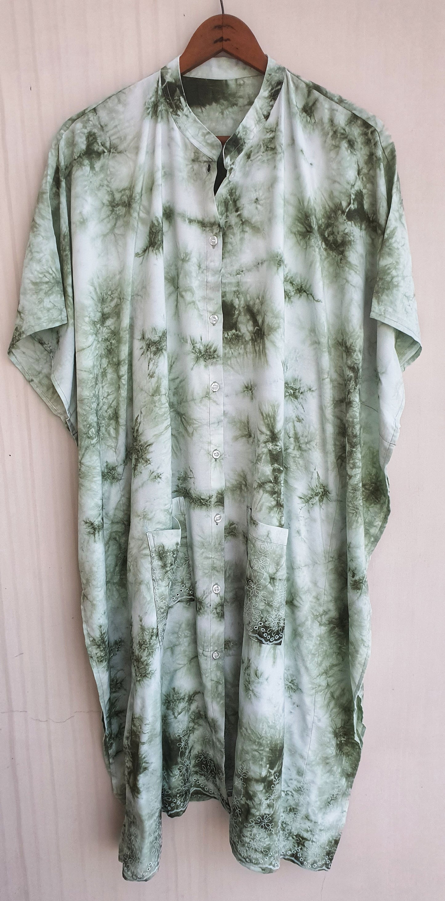 Green Tie and Dye Knee Length Kaftan Shirt Dress