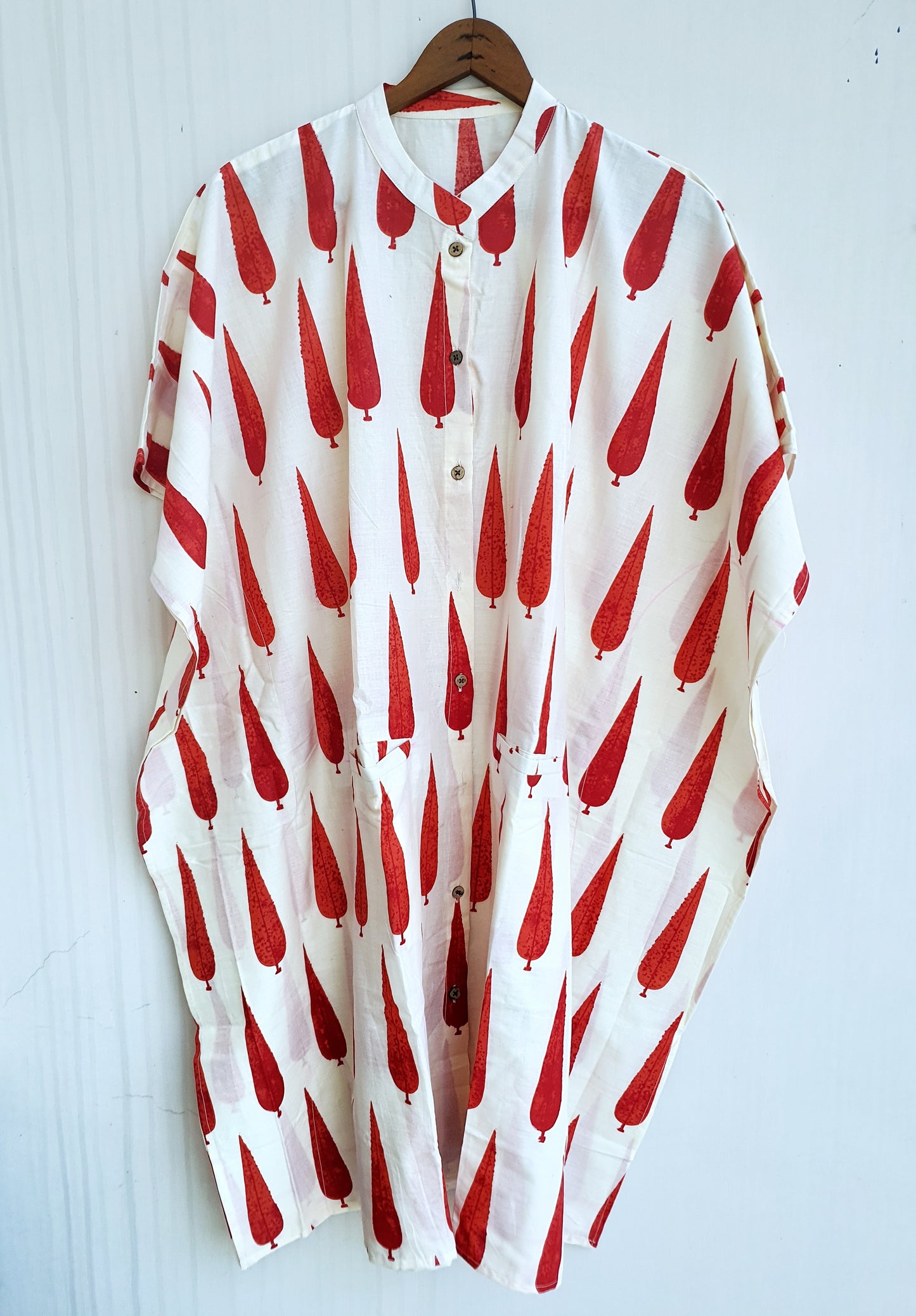 Red Leaf Pattern Knee Length Kaftan Shirt Dress