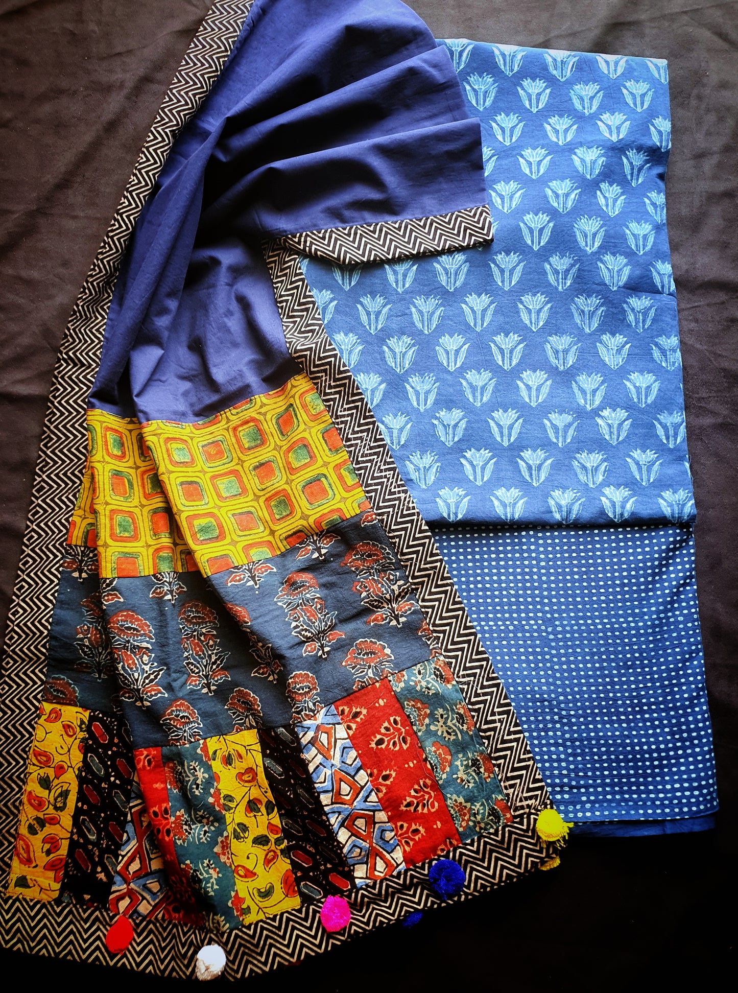 Akola Indigo II Unstitched Suit Set with Ajrakh Patchwork Cotton Dupatta