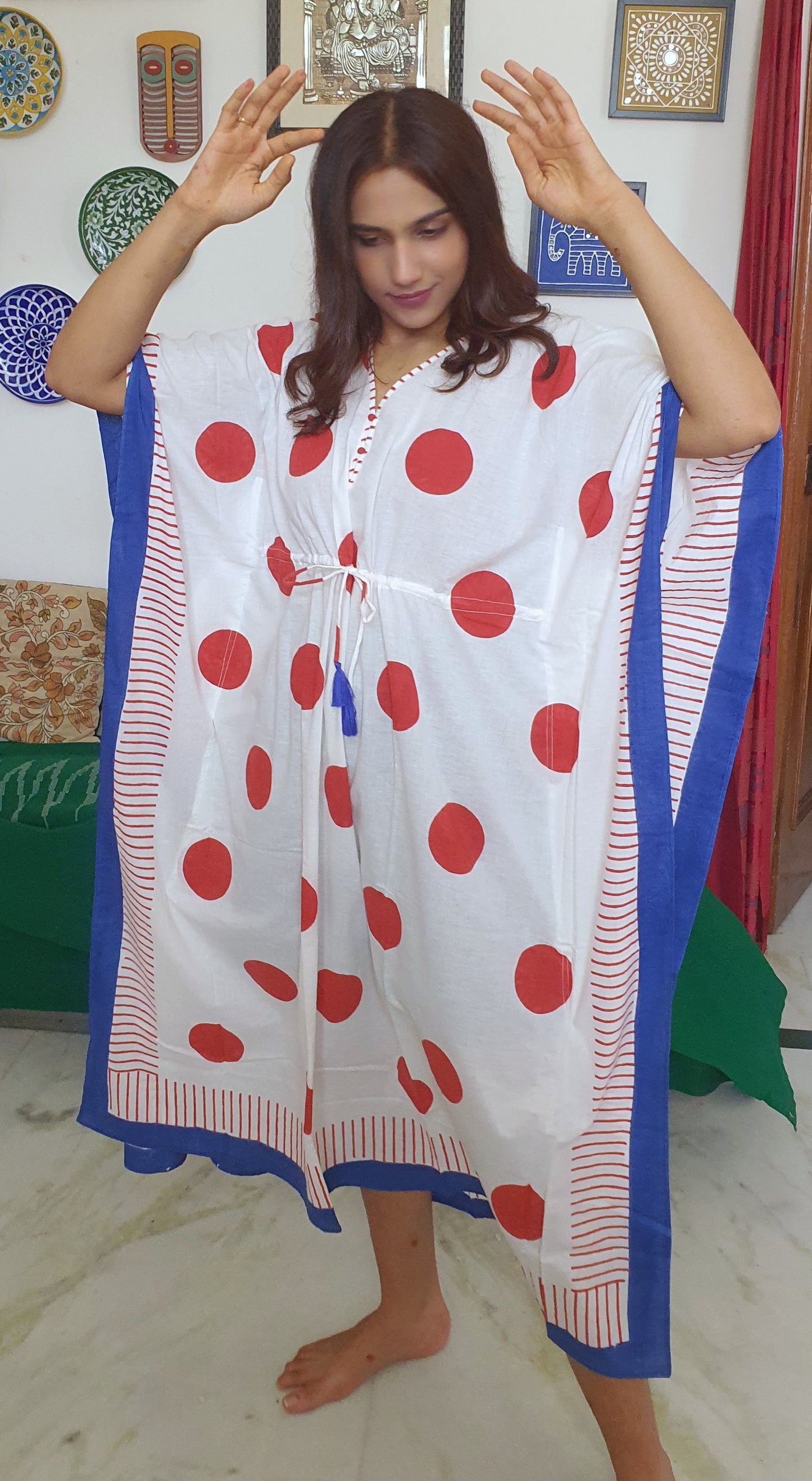 Polka Dotted Ankle Length Cotton Kaftan Dress with Tassels