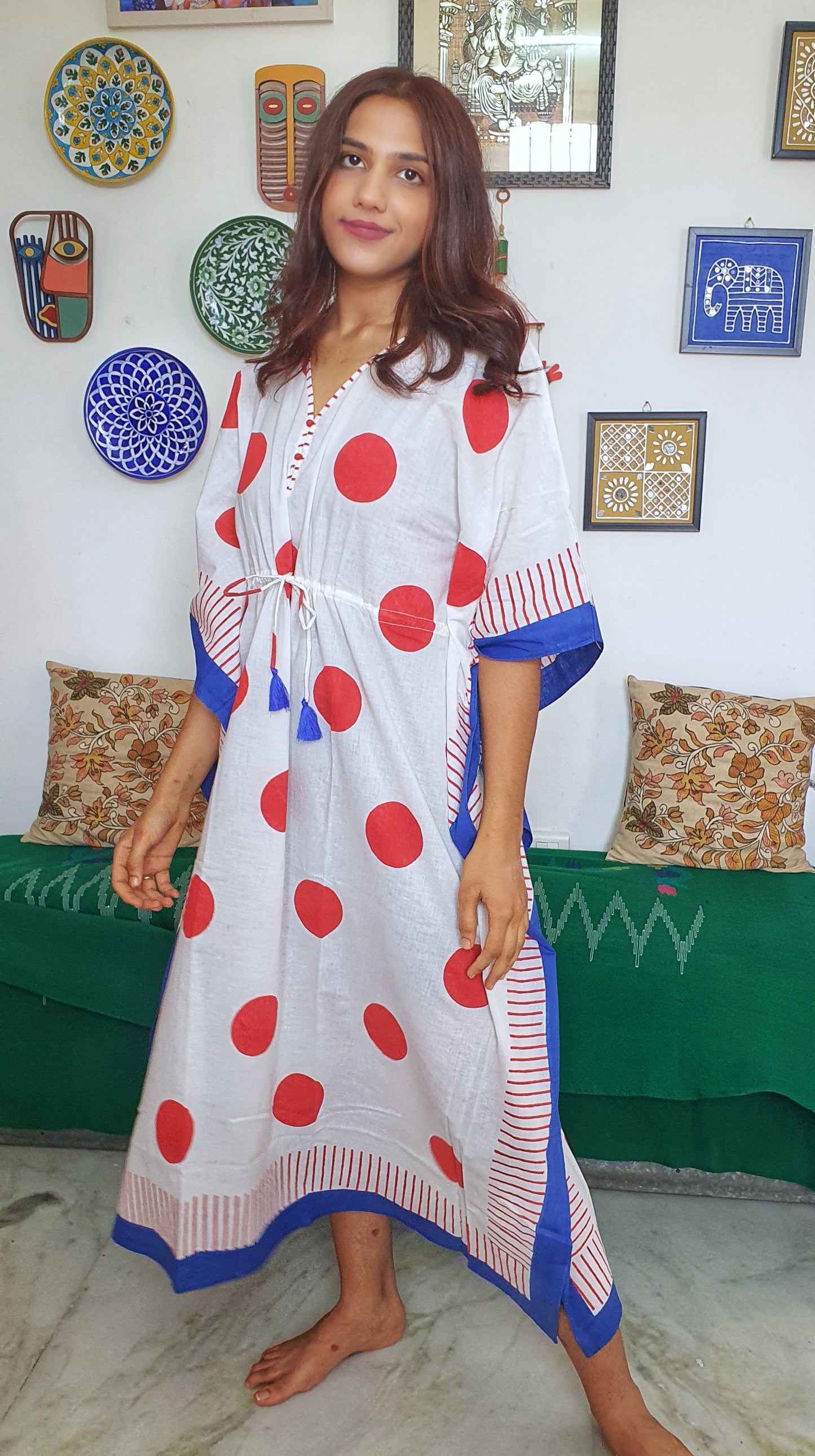 Polka Dotted Ankle Length Cotton Kaftan Dress with Tassels