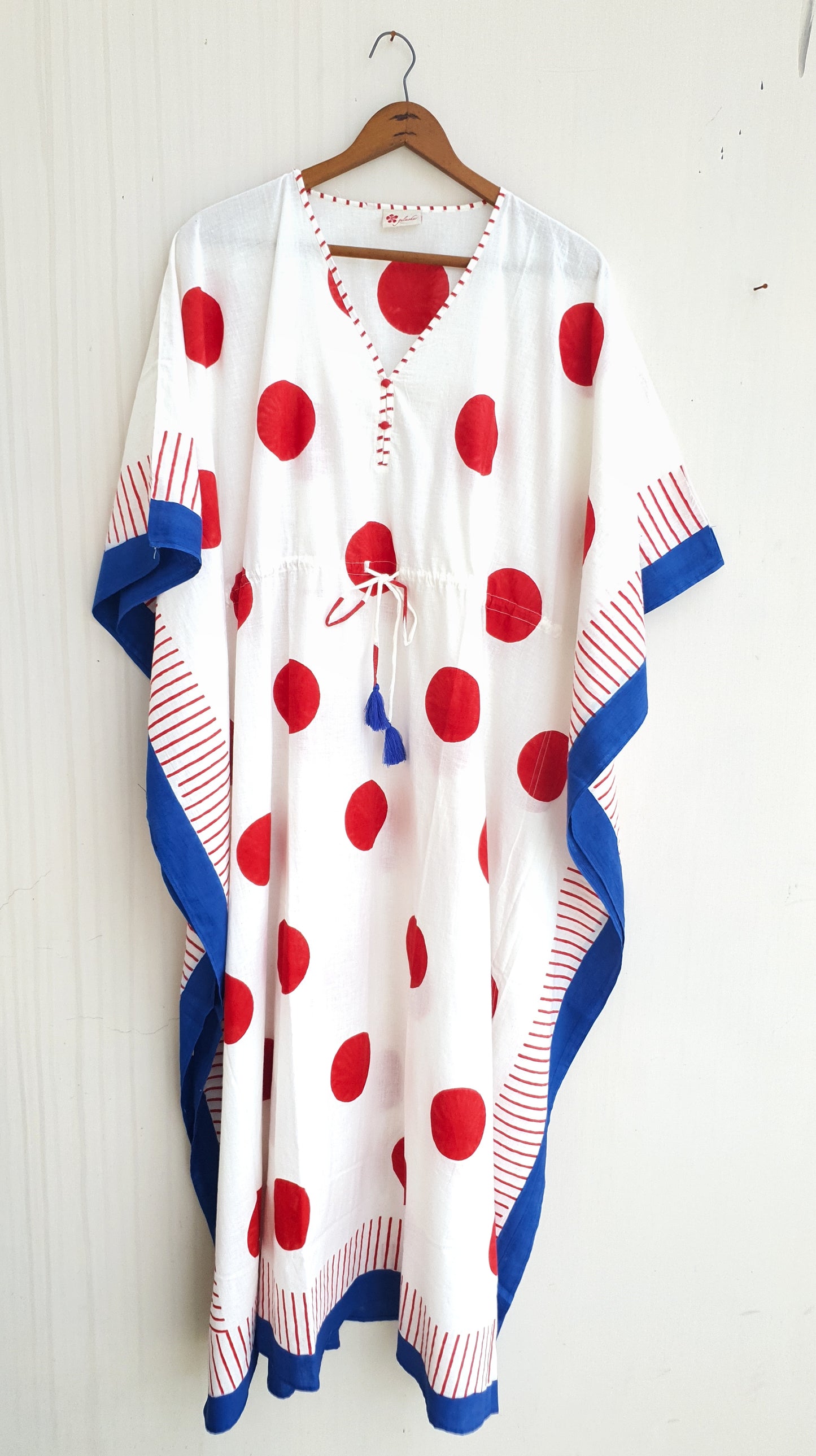 Polka Dotted Ankle Length Cotton Kaftan Dress with Tassels