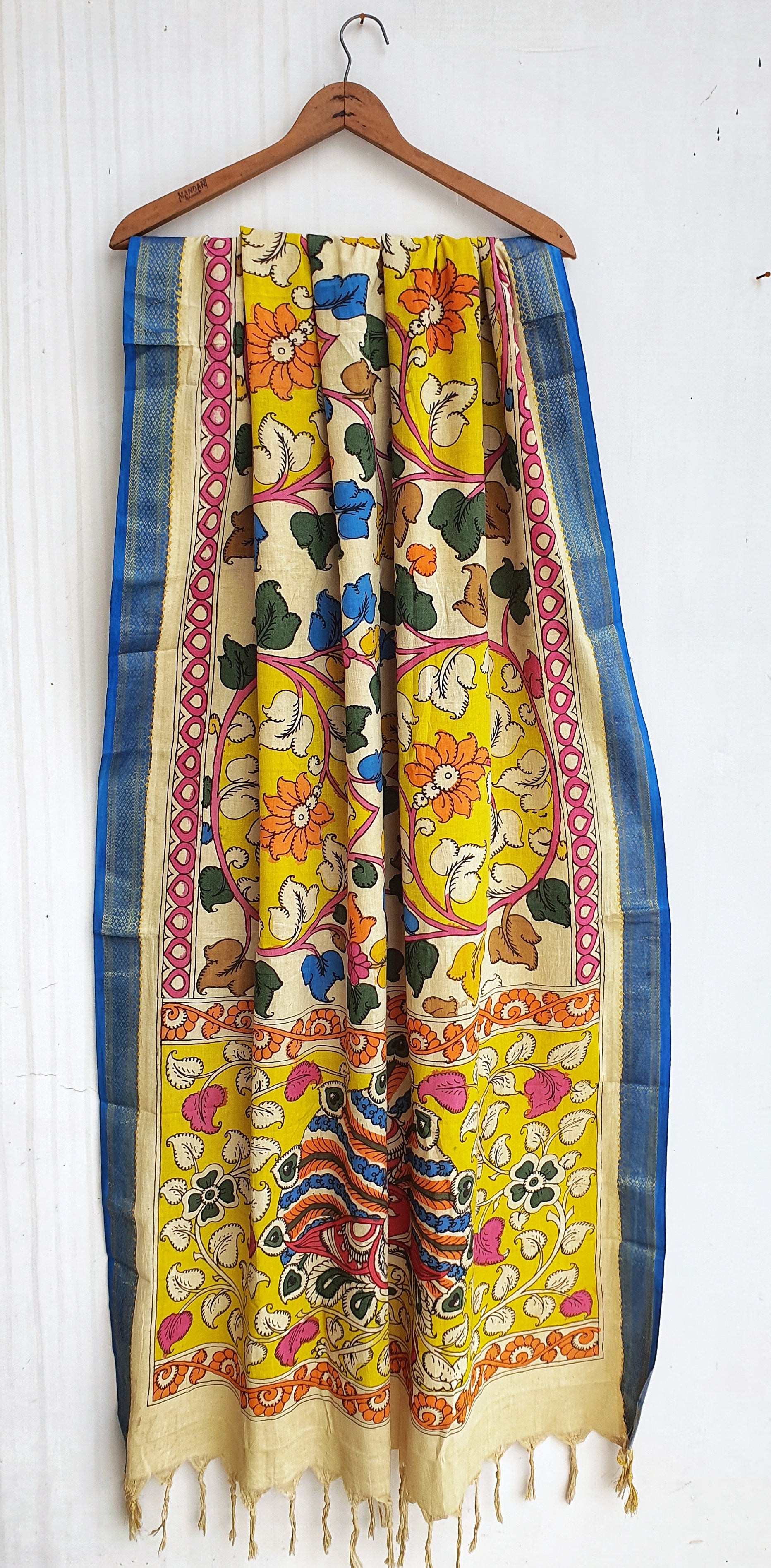 Multicolour Flowers Handpainted Srikalahasti Kalamkari Cotton Dupatta with Zari Border