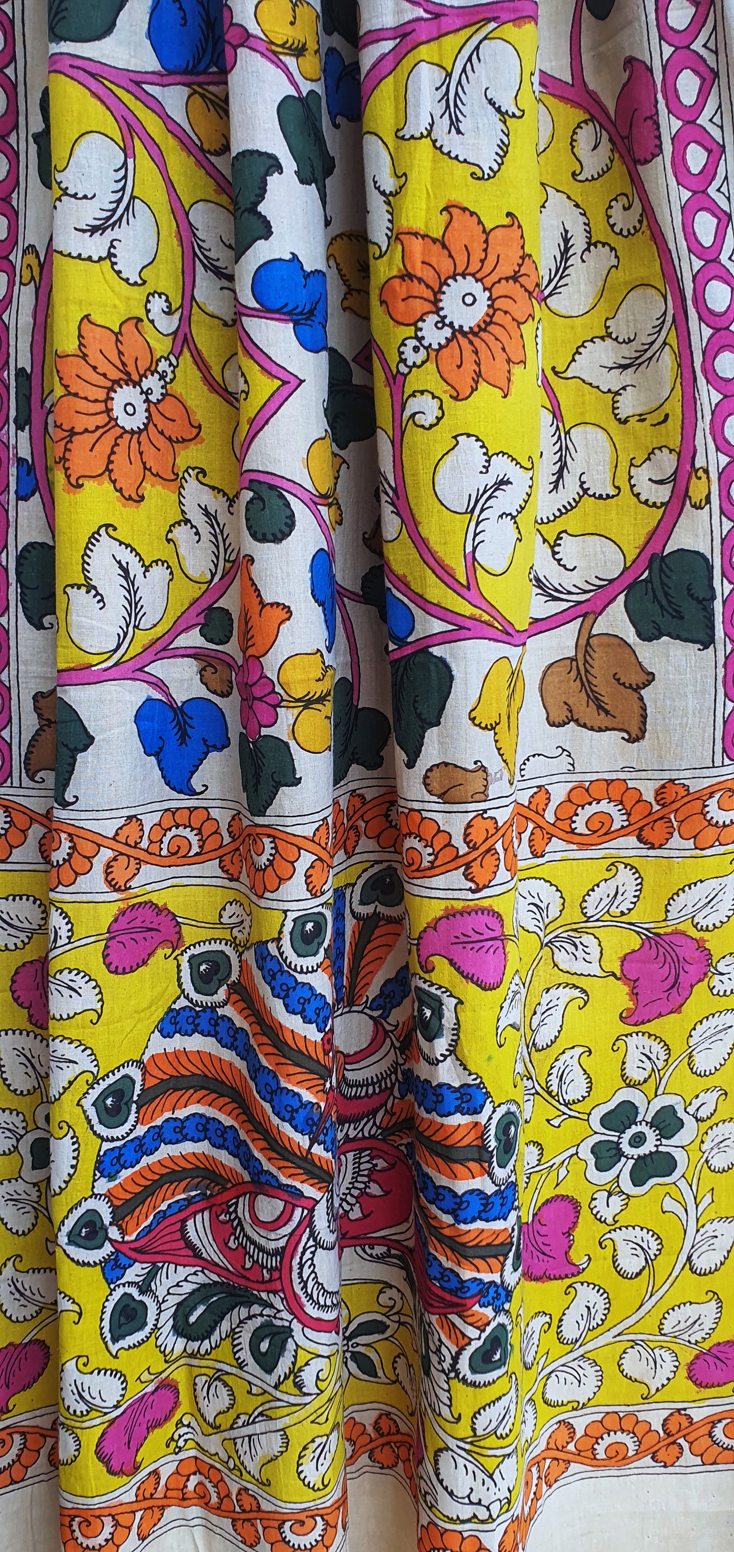 Multicolour Flowers Handpainted Srikalahasti Kalamkari Cotton Dupatta with Zari Border