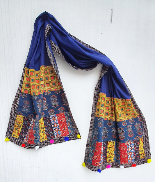 Navy Blue Ajrakh Patchwork Cotton Stole