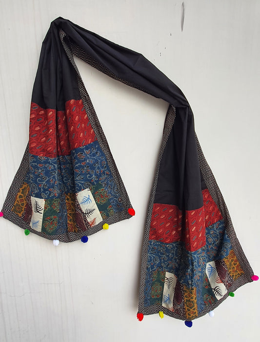 Black Ajrakh Patchwork Cotton Stole