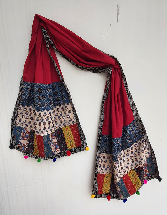 Maroon Ajrakh Patchwork Cotton Stole