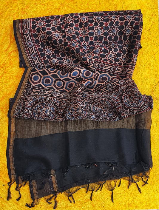 Black Ajrakh Jaal Motif Chanderi Silk Dupatta