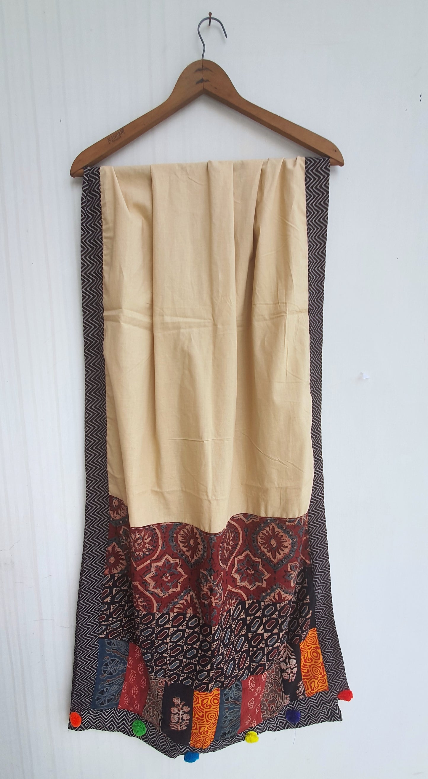 Cream Ajrakh Patchwork Cotton Stole