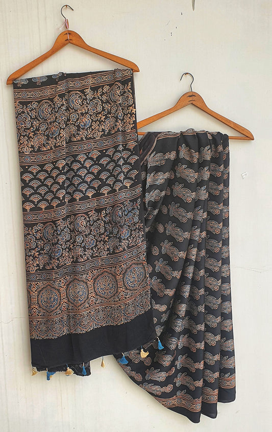 Black Piasley Motif Ajrakh Hand Block Natural Dye Modal Silk Saree With Blouse