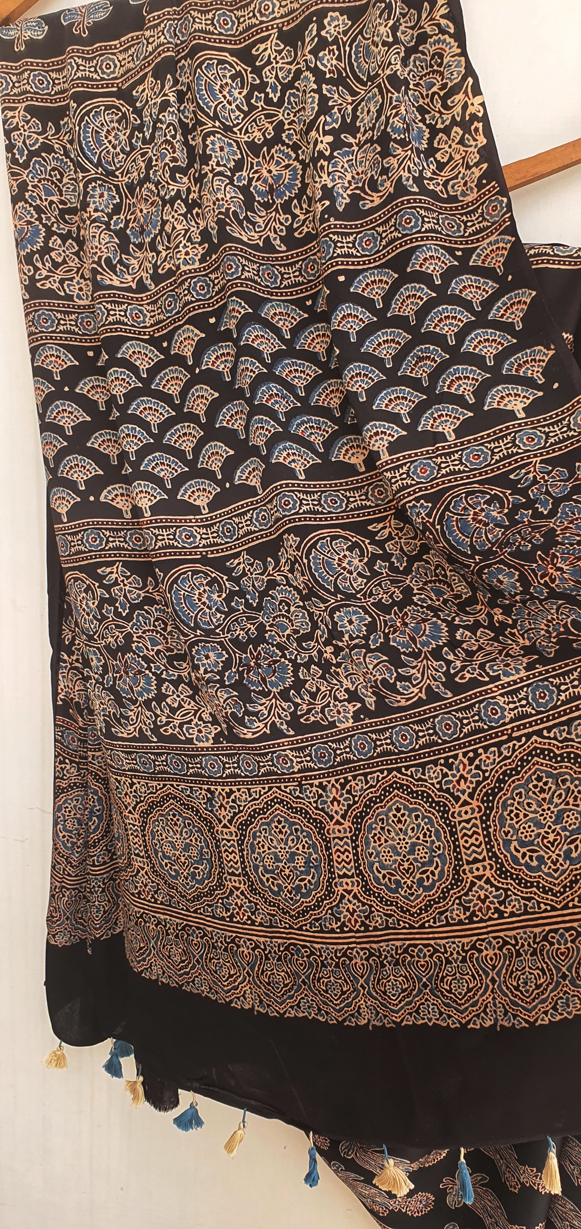 Black Piasley Motif Ajrakh Hand Block Natural Dye Modal Silk Saree With Blouse