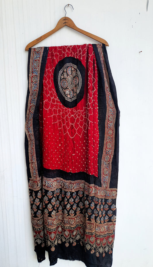 Red Gul Multi Dotted Modal Silk Bandhani Ajrakh Dupatta