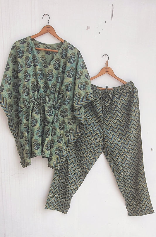 Green Flower Motif Cotton Kaftan & Lounge Pant Set