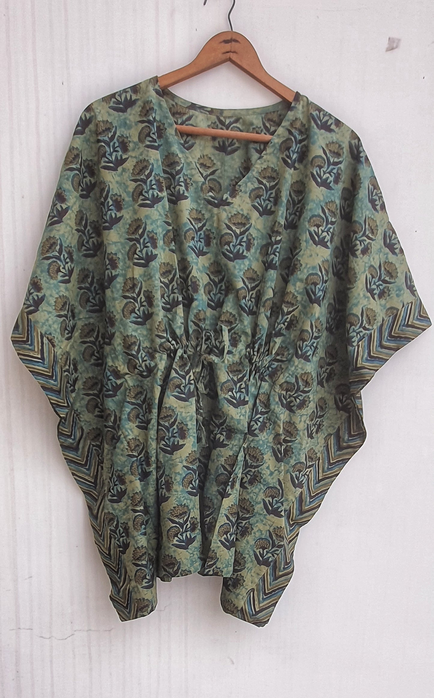 Green Flower Motif Cotton Kaftan & Lounge Pant Set